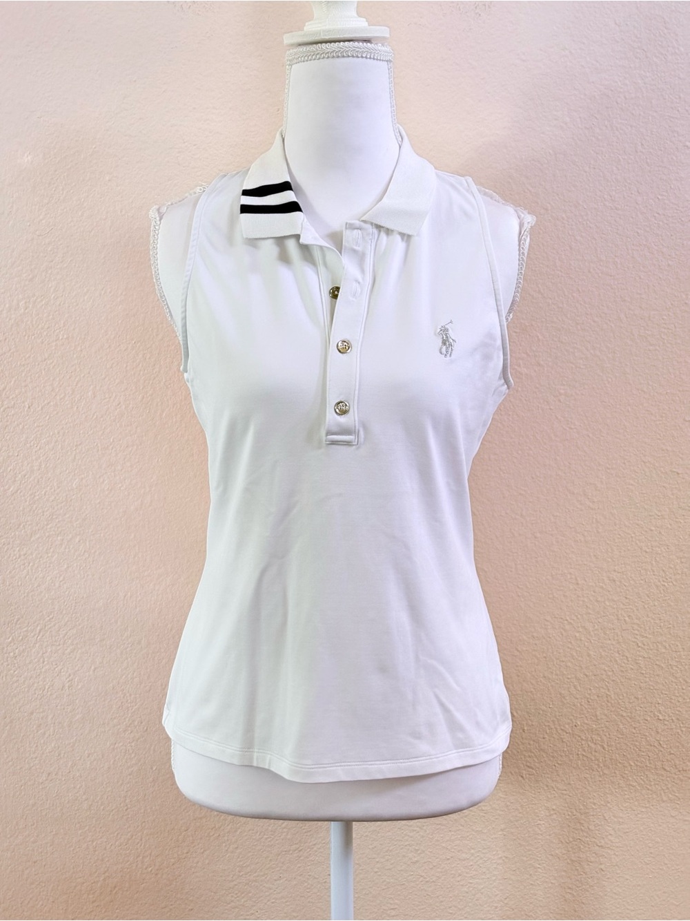 White Sleeveless Polo Ralph Lauren Sz M/L Silver Buttons & Pony 1 Striped Collar